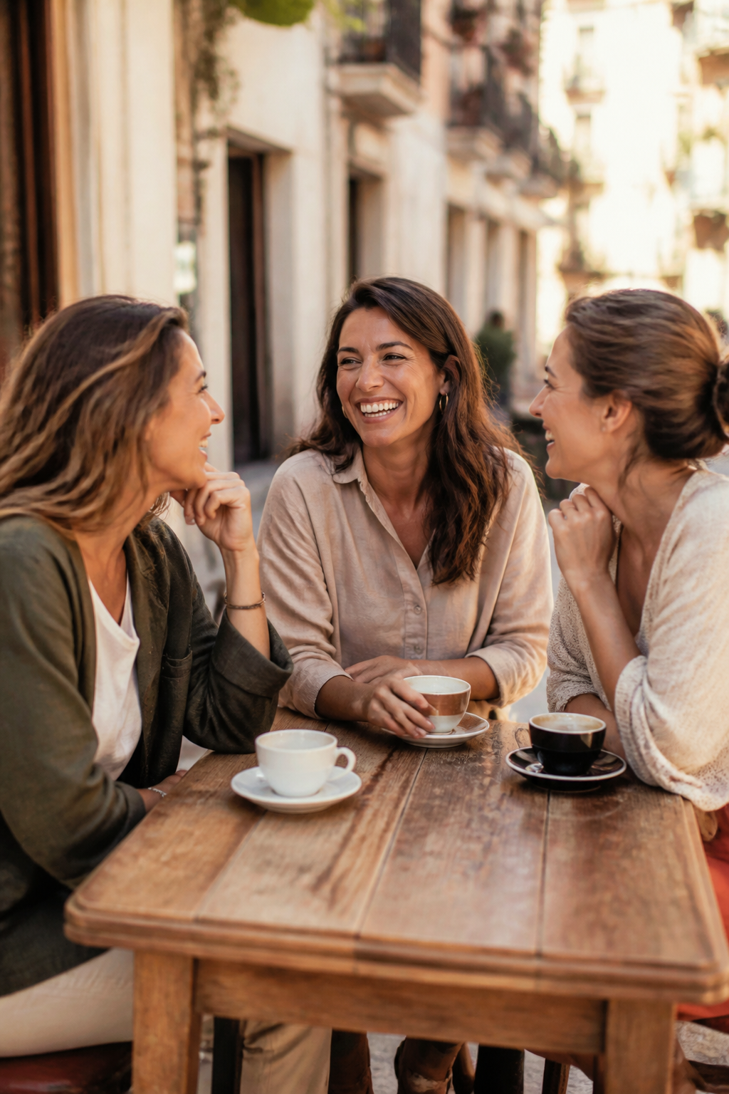 Adults talking and laughing together at an outdoor cafe
