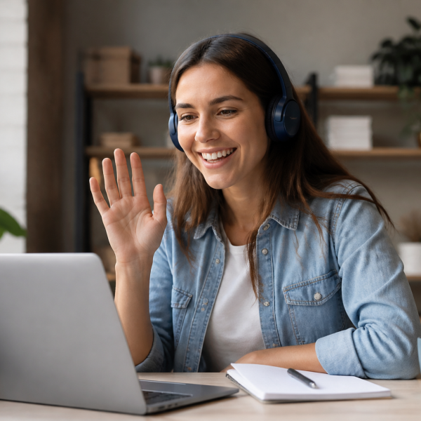 Student practicing Spanish on a laptop